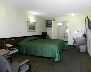 una camera con letto verde di High Desert Motel Joshua Tree National Park a Joshua Tree