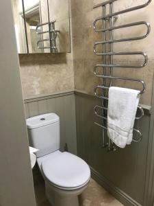 Highview Bed and Breakfast في نيلسوورث: حمام به مرحاض أبيض ومرآة