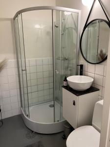 bagno con doccia e lavandino di Nice apartment very close to Isaberg Hestra a Nissafors