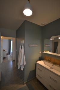 ein Badezimmer mit Waschbecken und Spiegel in der Unterkunft La Bulle Emeraude, détente à deux, en famille ou entre amis in Plancoët + 33 Fotos