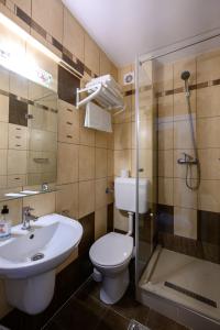 een badkamer met een wastafel, een toilet en een douche bij Juliu's Panzio Csikszereda in Miercurea-Ciuc
