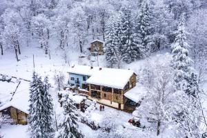 a house covered in snow in a forest at IDUEVAGAMONDI di Simone Mondino in Chiusa di Pesio