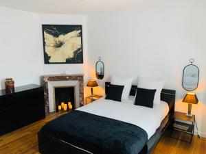 a bedroom with a bed and a fireplace at Nice cocooning apartment for a relaxing moment in Reims