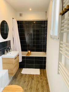 La salle de bains est pourvue d'une baignoire et d'un lavabo. dans l'établissement Nice cocooning apartment for a relaxing moment, à Reims