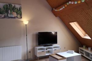 a living room with a flat screen tv on a wall at Duplex au centre ville, dans cour intérieure calme in Dole