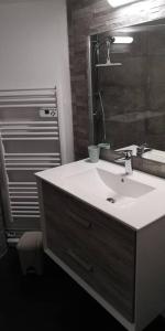 ein Badezimmer mit einem weißen Waschbecken und einem Spiegel in der Unterkunft Duplex au centre ville, dans cour intérieure calme in Dole
