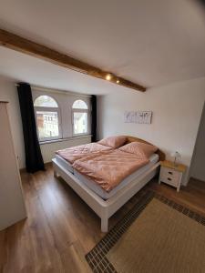a bedroom with a bed and two windows at Ferienwohnung Sonnenhaus in Wonsees