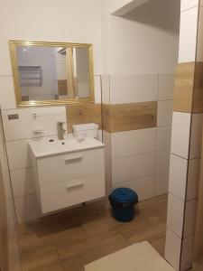 a bathroom with a white sink and a mirror at Bowal in Grzybowo +57 photos