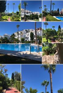a collage of photos of a resort with a palm tree at Apartamento Miraflores tres piscinas cerca del mar - Albamar in Mijas Costa