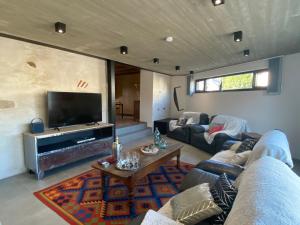 a living room with a couch and a tv at Le Héron - Gîte de charme clôturé, accès à la rivière - 6 ou 10 personnes in Fauvillers