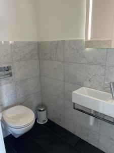 ein weißes Bad mit einem WC und einem Waschbecken in der Unterkunft Apartment Bellania in Davos