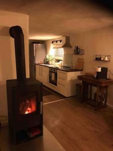 a living room with a stove in a kitchen at Haus Engelbert in Höchheim