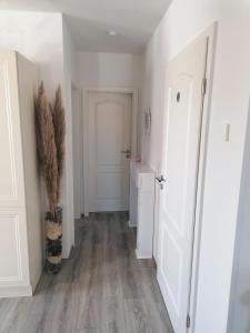 a hallway with white walls and wood floors and a door at Litti in Worpswede