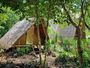 a hut with a thatched roof in the forest at Lazy Lizard Hostel in Siquijor