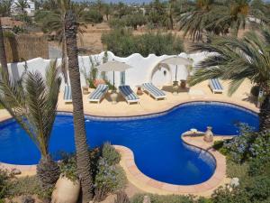 an overhead view of a swimming pool with palm trees at Dar Aladin in Arkou