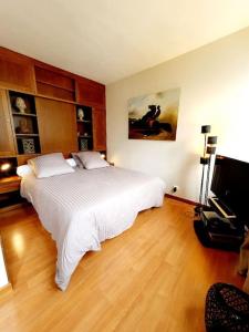een slaapkamer met een groot wit bed en een televisie bij Villa Bon Accueil in Deauville