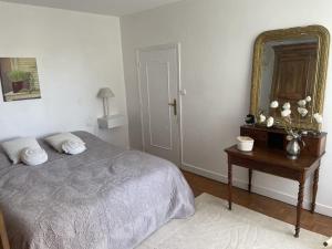 Schlafzimmer mit einem Bett, einem Spiegel und einem Tisch in der Unterkunft Gite du SERAYOL in Morlhon-le-Haut