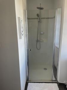 eine Dusche mit Glastür im Bad in der Unterkunft Gite du SERAYOL in Morlhon-le-Haut