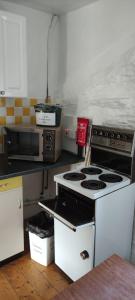 a kitchen with a stove and a microwave at Toad Hall Hostel in Machynlleth