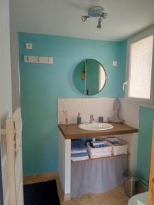 uma casa de banho com um lavatório e um espelho em les cerisiers de stella em Blauvac