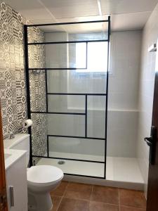 La salle de bains est pourvue de toilettes et d'une porte de douche en verre. dans l'établissement 1era linea de playa VILLA MARGARET Cullera Marenyet, à Cullera 37 autres photos