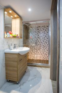 a bathroom with a sink and a shower at Studio Elena in Nea Peramos