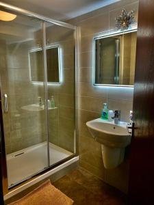 een badkamer met een douche en een wastafel bij Jasmine House in Lutterworth
