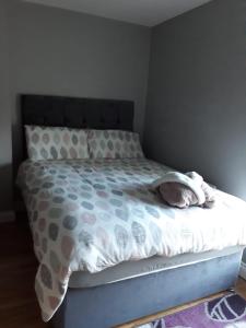 a bed with a gray and white comforter on it at Oakland in Portadown