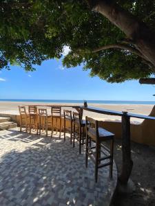 a row of chairs and tables on the beach at Melting Elefante in Popoyo