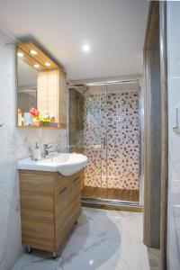 a bathroom with a sink and a shower at Studio Elena in Néa Péramos