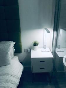 Un dormitorio con una cama y una mesita de noche con una planta. en Apartment style Space en Minworth