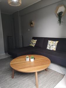 a living room with a coffee table and a couch at Athenian apartment in Agia Paraskevi, next to "Plakentias" metro station in Athens