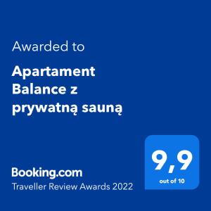 Certifikát, ocenenie alebo iný dokument vystavený v ubytovaní Apartament Balance z prywatną sauną