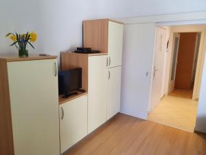 una cucina con frigorifero e TV di Janja Apartment a Novigrad Istria