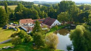 an aerial view of a house next to a lake at Treehouse Křemílek in Jesenice