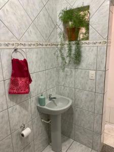 baño con lavabo y toalla roja en Apartamento charmoso próximo ao Centro, en Vitória da Conquista
