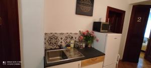 a kitchen with a sink and a refrigerator at Mandala Hostel in Poznań