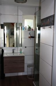 ein Bad mit einem Waschbecken und einem Spiegel in der Unterkunft Schönes Ferienhaus in Oostmahorn (176) in Anjum