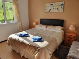 Crailloch Croft Cottages في سترانراير: غرفة نوم عليها سرير وفوط زرقاء