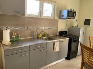 a kitchen with a sink and a stove and a microwave at LiCe Garden Aruba in Paradera