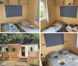 Quatre photos d'une chambre avec deux lits et une télévision dans l'établissement camping parc des roches, à Souzy-la-Briche