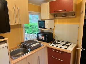 a kitchen with a stove and a sink and a microwave at camping parc des roches in Souzy-la-Briche