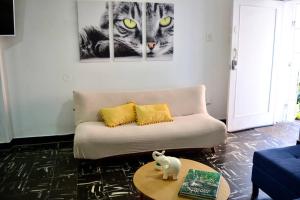 sala de estar con sofá y un gato en la pared en Casa del Gato, en Cartagena de Indias