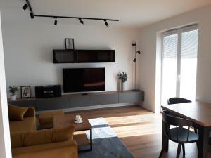 ein Wohnzimmer mit einem Sofa und einem TV an der Wand in der Unterkunft Apartament Projektant in Rzeszów