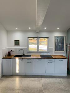 een keuken met witte kasten, een wastafel en 2 ramen bij Maison indépendante 42m2. Calme et verdure :) in Landorthe