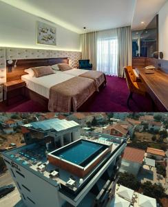 a hotel room with a bed and a swimming pool at Hotel Scala d'Oro in Vodice