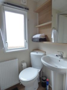 a bathroom with a toilet and a sink and a window at Maple Lake 170 at Southview Leisure Park in Lincolnshire