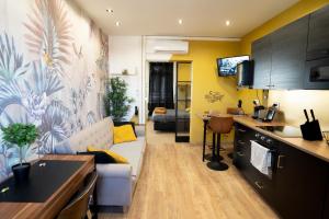 Il comprend un salon avec un canapé et une cuisine aux murs jaunes. dans l'établissement Capsule Premium balnéo & home cinema, à Valenciennes
