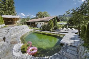 una piscina con un flamenco rosa en un patio en Bauernhaus-Schloss Wagrain, en Ebbs