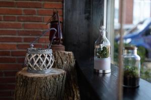 Eine Flasche mit einer Pflanze auf einem Baumstumpf in der Unterkunft TIDE Hotel in Wilhelmshaven